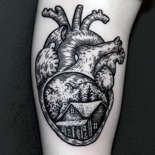 Guys Cabin In The Forest Heart Woodcut Arm Tattoos