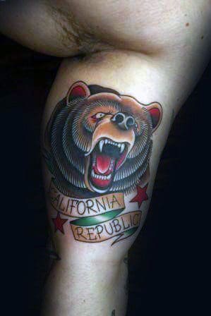 Guys California Repbulic Banner Old School Bear Tattoo