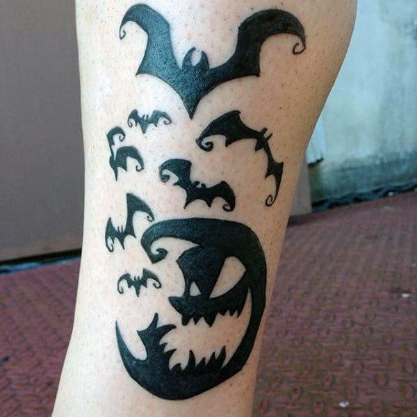 Guys Calves Black Bats And Halloween Pumpkin Tattoo