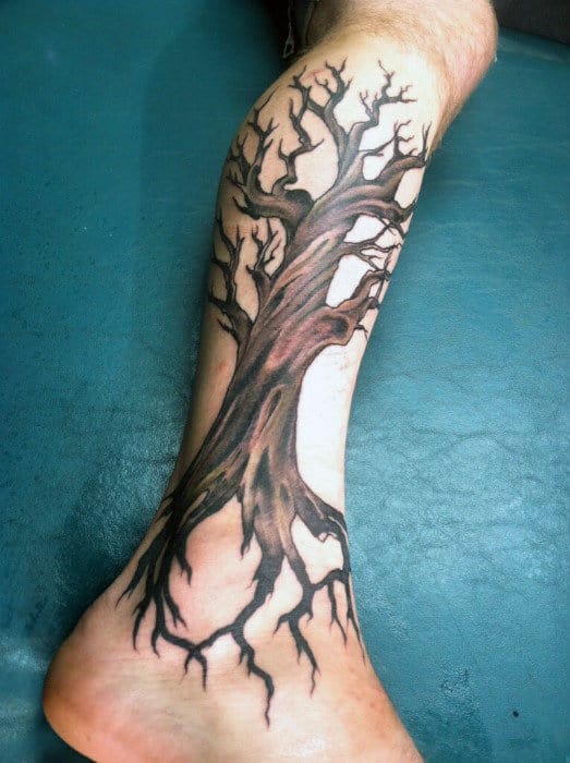 Guys Calves Brown Oak Tree Trunk Tattoo Design Ieas