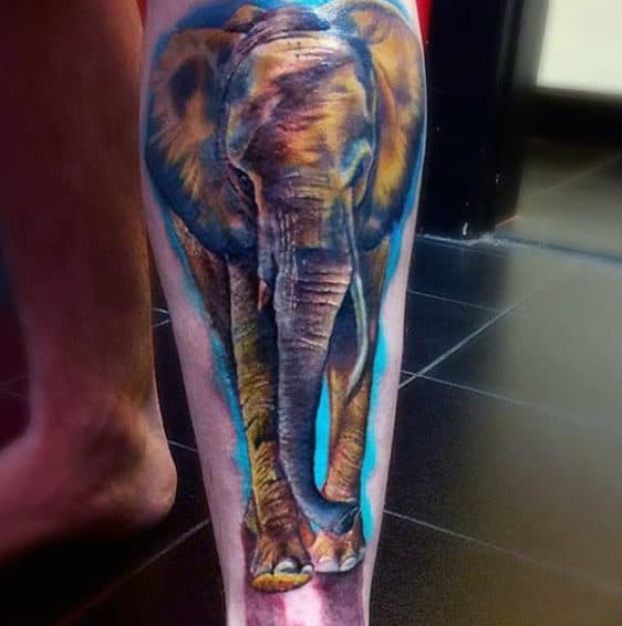 Guys Calves Copper Shaded Elephant Tattoo