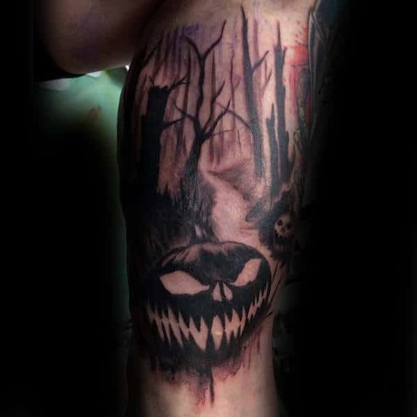 Guys Calves Dry Forest And Halloween Pumpkin Tattoo