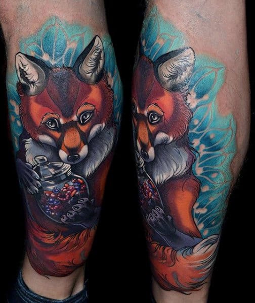 Guys Calves Fox With A Jar Tattoo
