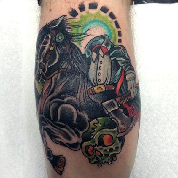 Guys Calves Headless Man Riding Horse Halloween Tattoo