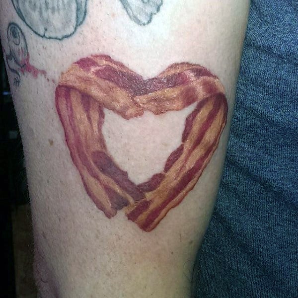 Guys Calves Heart Shaped Bacon Tattoo Design Ideas