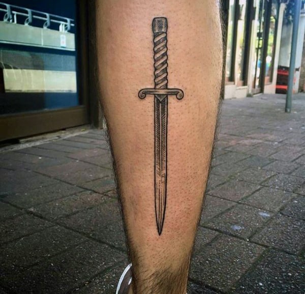 Guys Calves Lengthy Blade Dagger Tattoo
