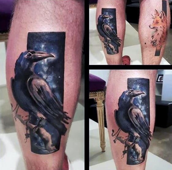 Leg tattoo of a raven and a red fox on a geometric background