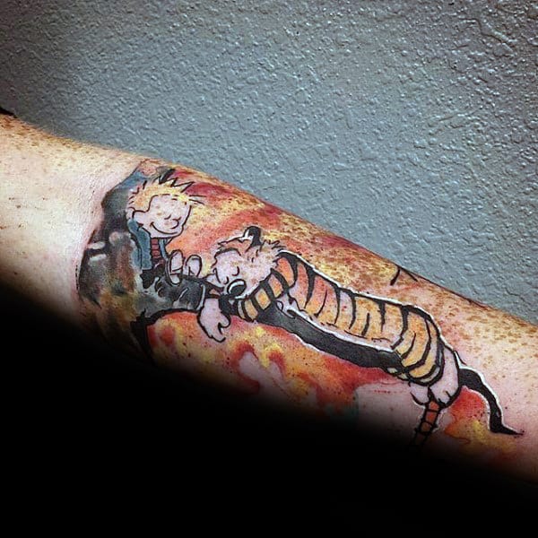 Guys Calvin And Hobbes Forearm Tattoo