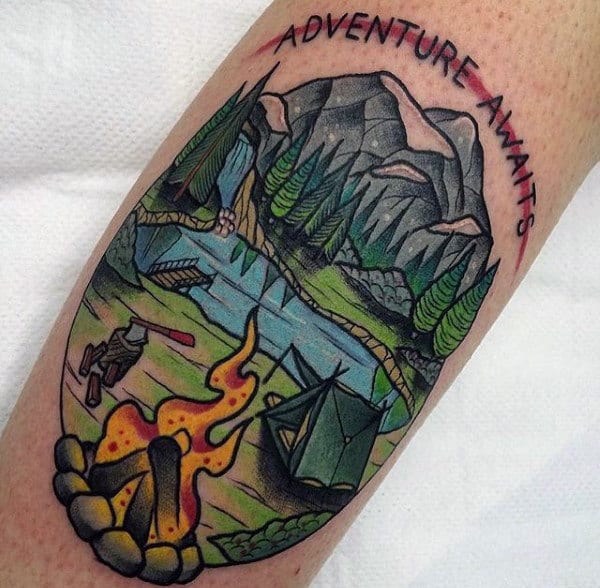 Guys Camp Fire Adventure Awaits Forearm Tattoo
