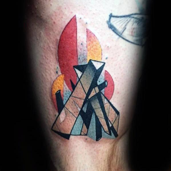 Abstract geometric campfire tattoo with layered angular logs and bold red, orange, and yellow flame shapes in a modern style.