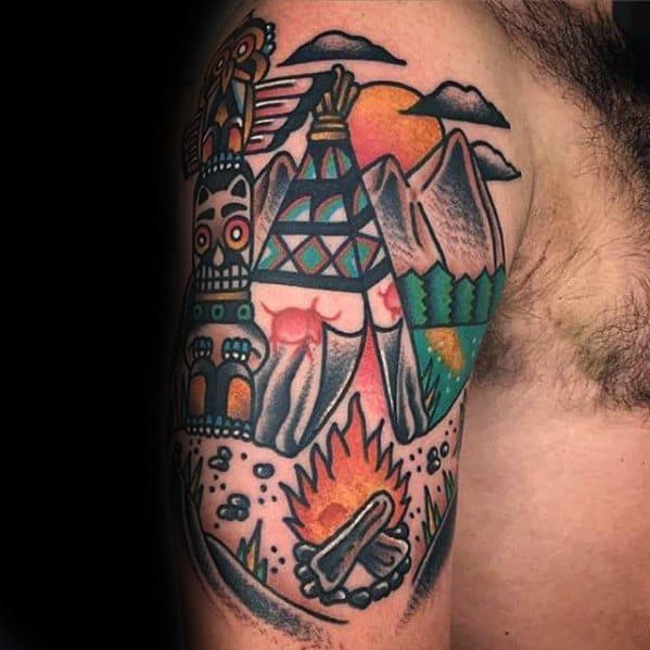 Guys Camping Themed Teepee Half Sleeve Traditional Tattoos