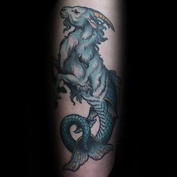 Guys Capricorn Sea Goat With Blue Ink Design On Arm