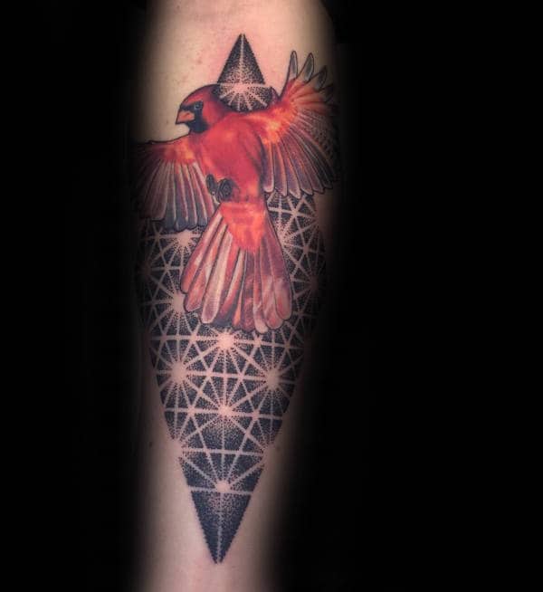 Guys Cardinal Bird Geometrical Pattern Tattoo On Forearm