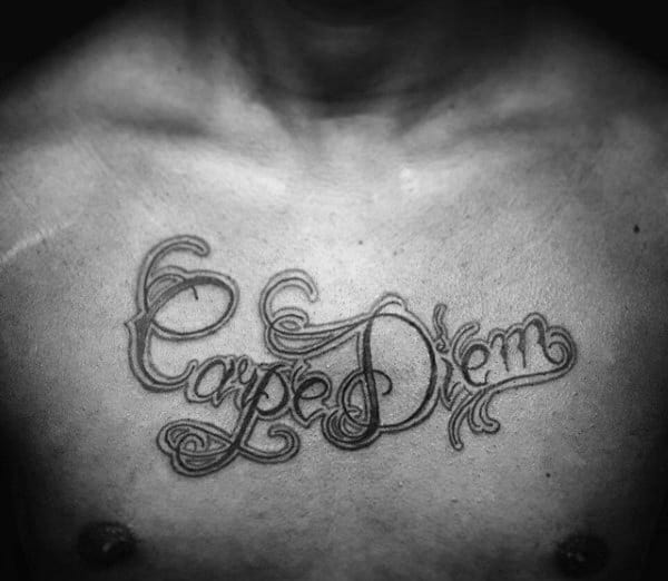 Guys Carpe Diem Chest Tattoo With Decorative Accents