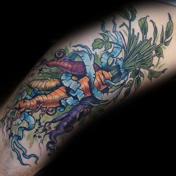 Vibrant and highly detailed carrot tattoo featuring multiple colorful carrots entwined with flowing ribbons and lush green leaves for a dynamic design.