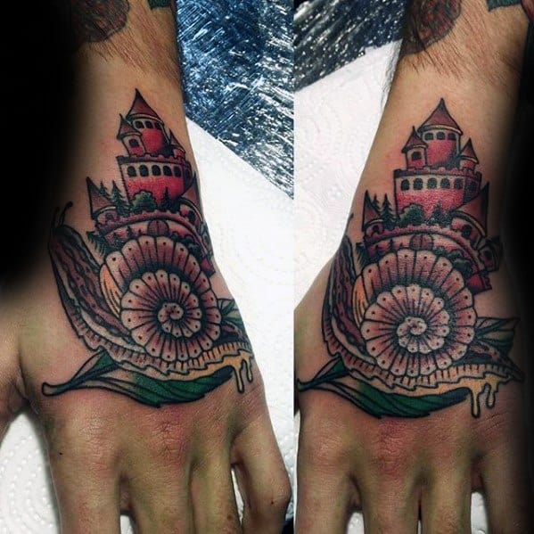 Guys Castle With Snail Tattoo Deisgns On Hand
