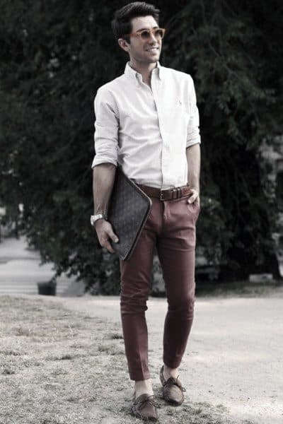 Guys Casual Wear Style Designs Red Pants With White Dress Shirt