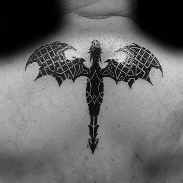 Guys Celtic Dragon Negative Space Knots Black Ink Upper Back Tattoo