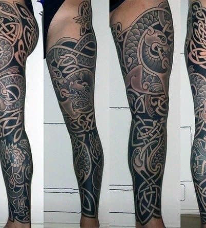 Guys Celtic Inspired Full Leg Sleeve Tattoo Designs
