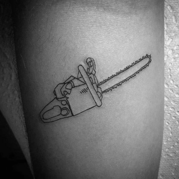 Minimalist black linework tattoo of a chainsaw with clean, simple detailing and a focus on outline precision.