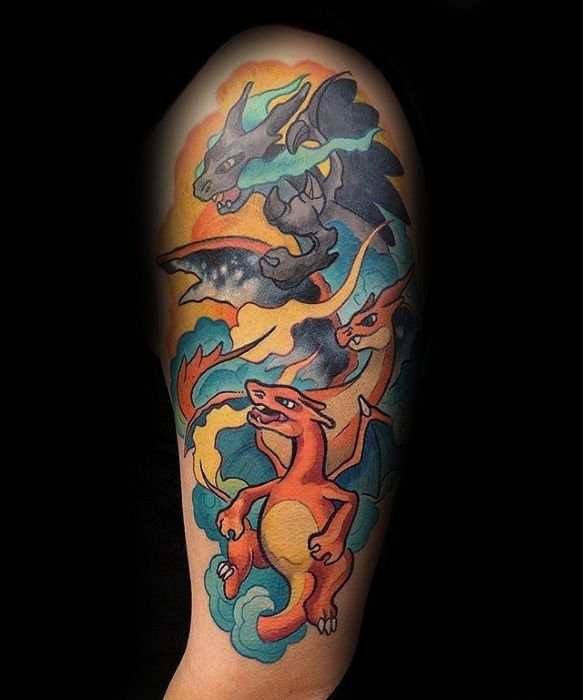 Vibrant Charizard tattoo sleeve showcasing different evolutions with fiery clouds and bold, colorful shading.