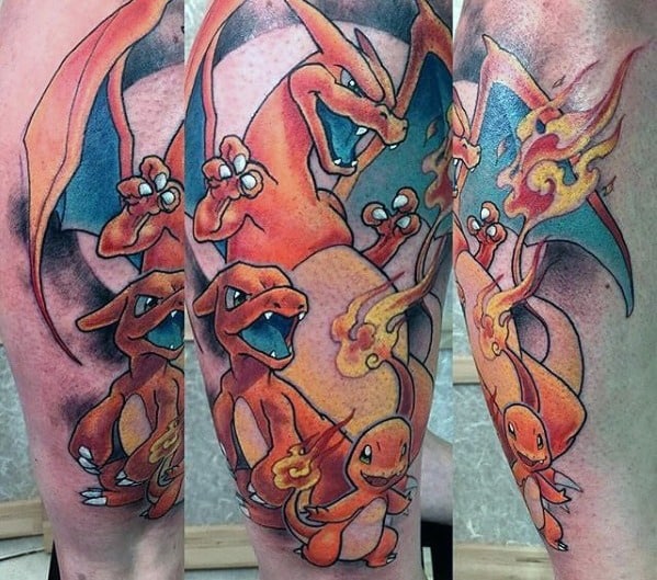 Colorful tattoo sleeve of Charmander, Charmeleon, and Charizard in fiery poses, showcasing evolution with dynamic flames and bold lines.