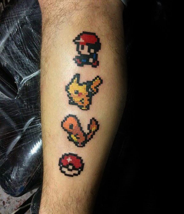 Retro pixel-style tattoo featuring a Pokémon trainer, Pikachu, Charmander, and Poké Ball stacked vertically on the calf.