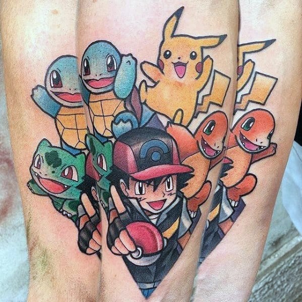 Vibrant forearm tattoo of Ash surrounded by Pikachu, Charmander, Squirtle, and Bulbasaur in a bold cartoon style with energetic poses.