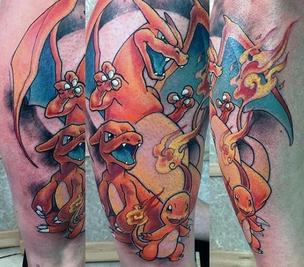 Detailed leg sleeve tattoo showing the evolution of Charmander to Charmeleon to Charizard, with bold colors and fiery action poses.