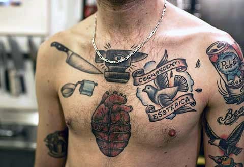Guys Chef Knife Old School Chest Tattoos