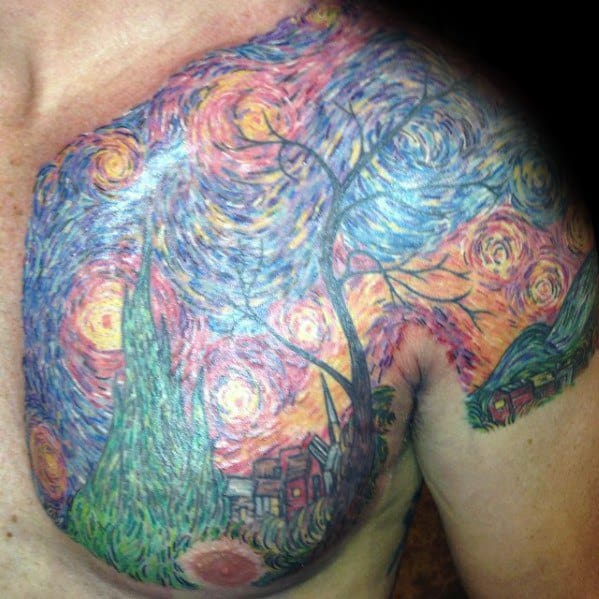 Guys Chest And Shoulder Vincent Van Gogh Painting Tattoos