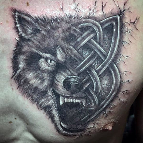 Guys Chest Black And White One Eyed Beast With Cracks Tattoo