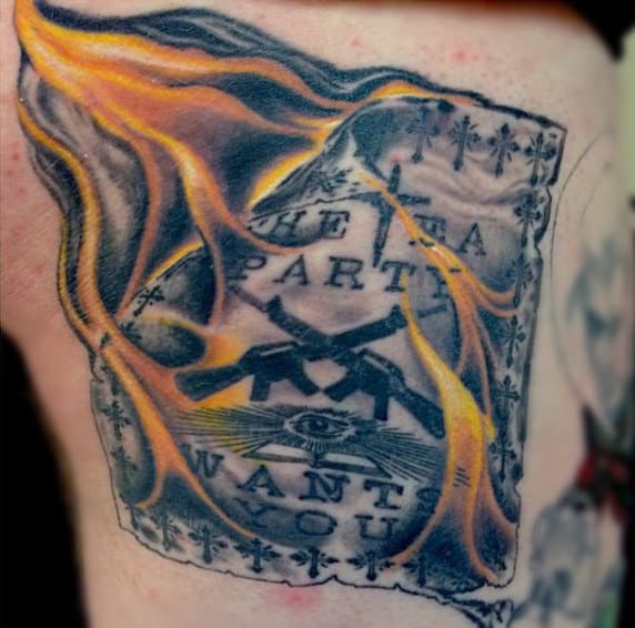 Guys Chest Burning Paper Tattoo