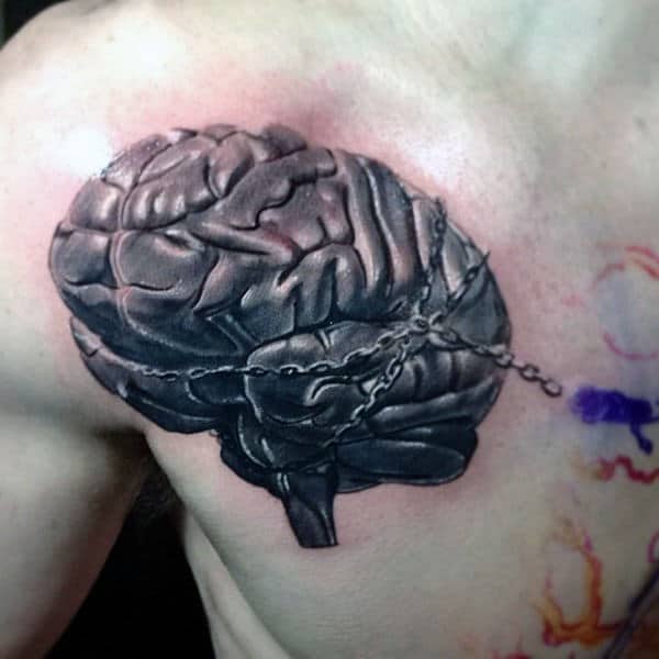 Guys Chest Chained Brain Tattoo Design Idea Inspiration