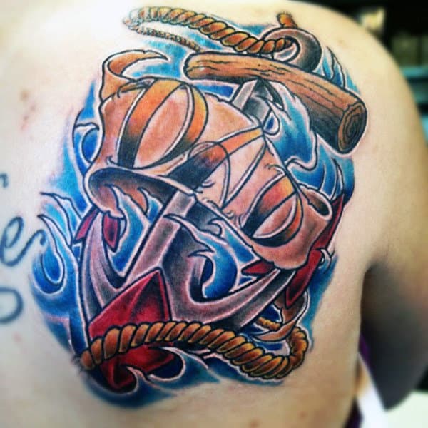 Guys Chest Dad And Wooden Anchor Tattoo Male Chest