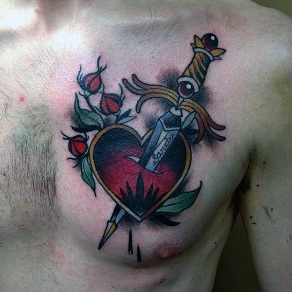 Guys Chest Dagger In Heart Tattoo