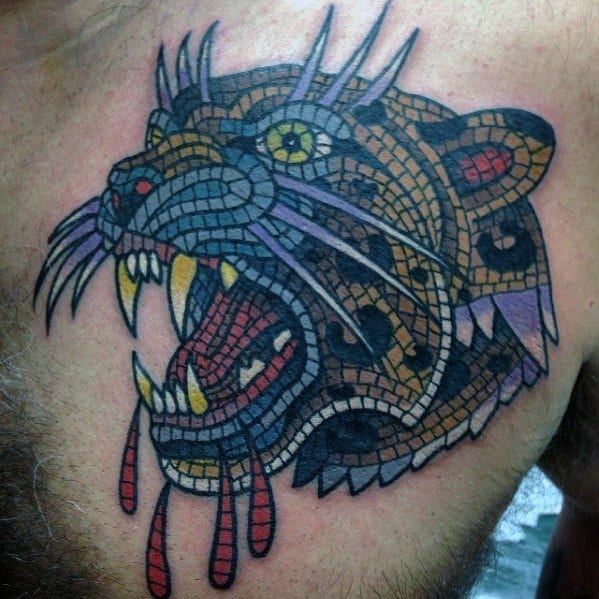 Guys Chest Leopard Tattoos With Mosaic Design