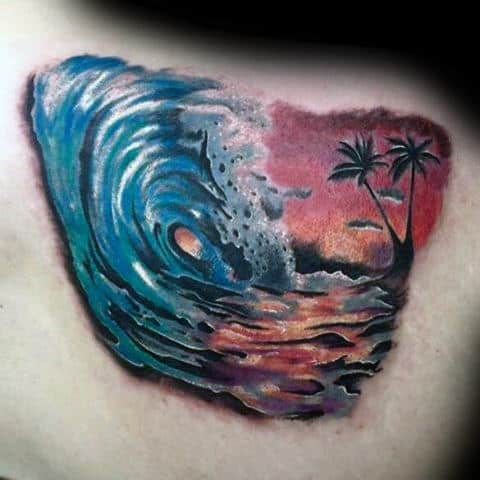 Guys Chest Magenta Sky And Blue Surf Tattoo
