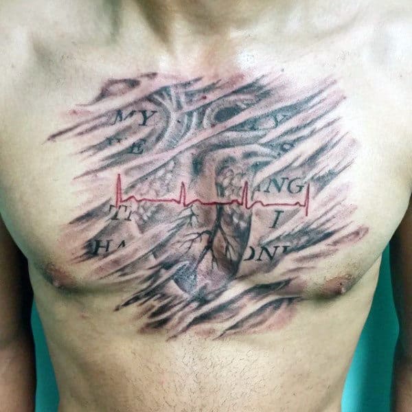 Guys Chest Red Heartbeat Tattoo On Stormy Backdrop