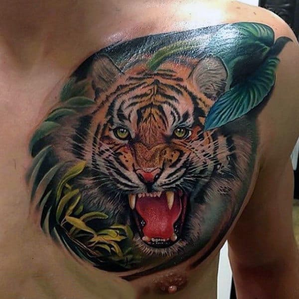 Guys Chest Roaring Lion Realism Tattoos