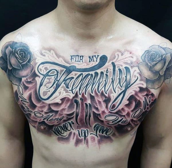 Guys Chest Roses And Purple Flamed Family Tattoo