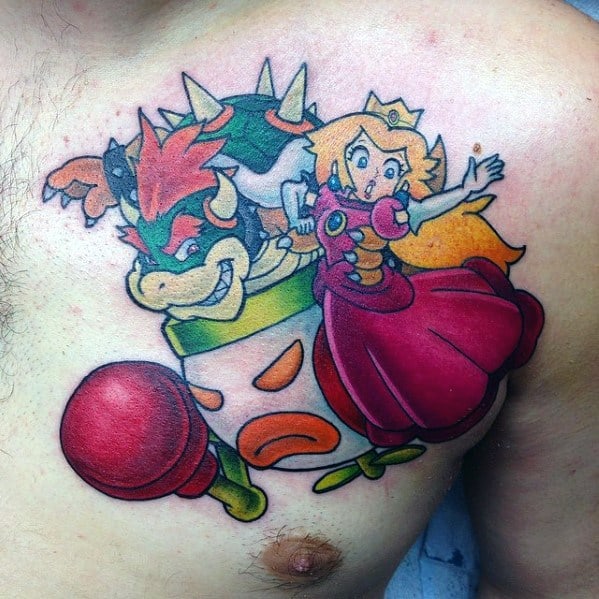 Vibrant Bowser and Princess Peach tattoo on a man's chest, featuring bold outlines, dynamic shading, and a playful scene with the Clown Car.