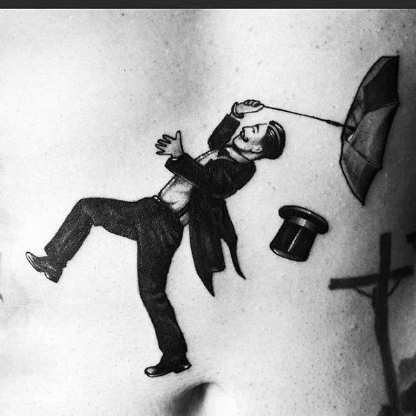Guys Chest Tattoos With Man Wearing Top Hat Blown Off In The Wind Design