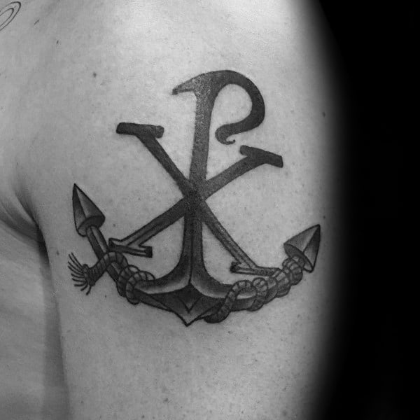 Guys Chi Rho Anchor Tattoo On Upper Arm