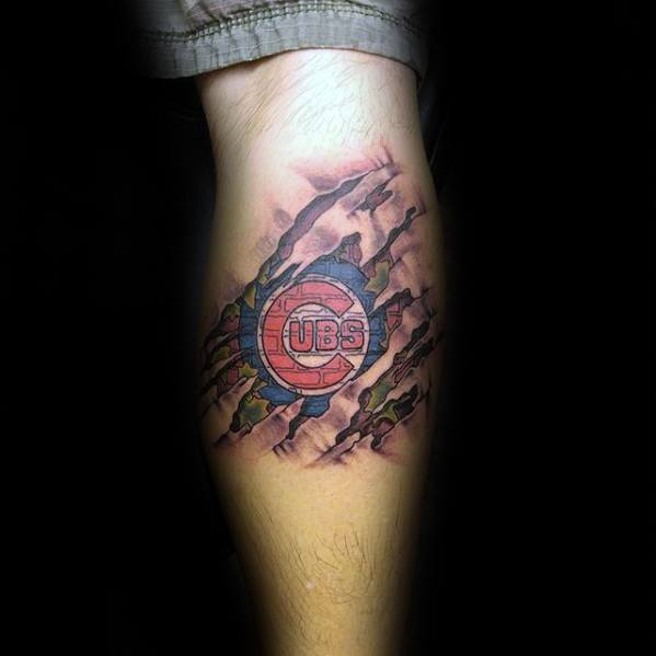 Guys Chicago Cubs Leg Calf Ripped Skin 3d Tattoos