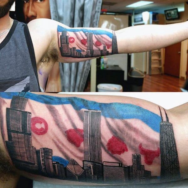 Guys Chicago Skyline Flag Inner Arm Bicep Tattoo Designs