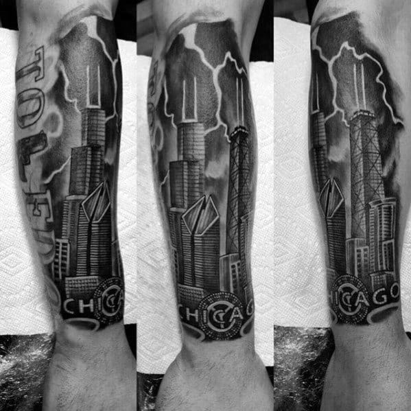 Guys Chicago Skyline Forearm Sleeve Tattoos