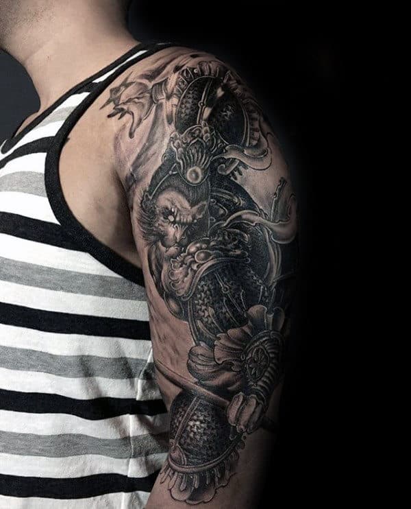 Guys Chinese Monkey King Tattoo Half Sleeve Design