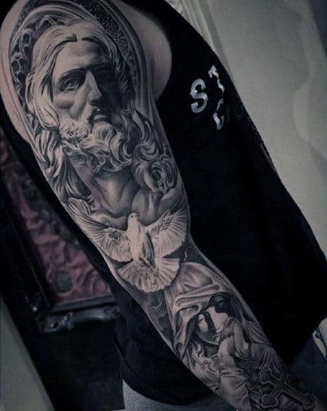 Guys Christian Themed Jesus And Dove Full Sleeve Tattoo Ideas