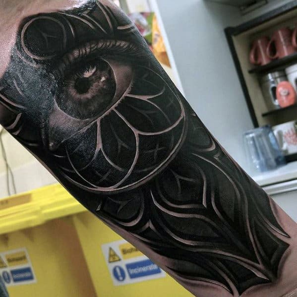 Guys Church Window With Eye Realistic Arm Tattoos